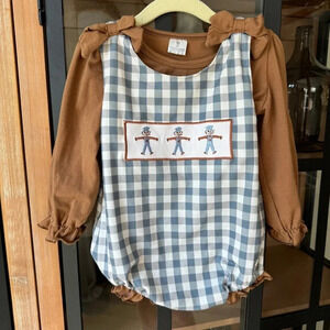 Fall smocked romper scarecrow embroidered gingham bubble toddler girl bows set